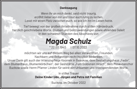 Traueranzeige von Magda Schulz von Märkische Oderzeitung