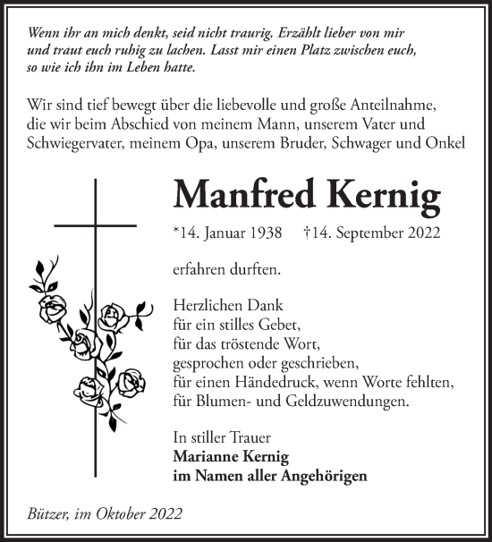 Traueranzeige von Manfred Kernig von Märkische Oderzeitung