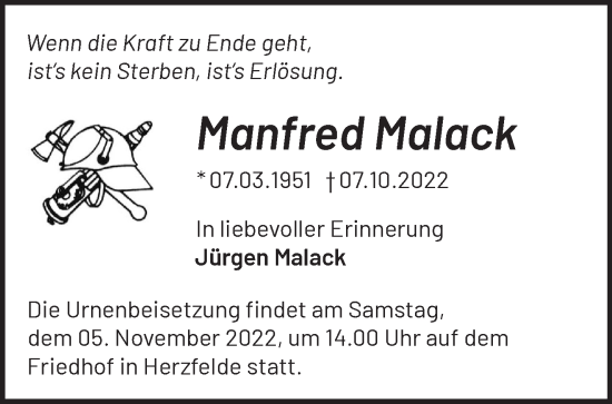 Traueranzeige von Manfred Malack von Märkische Oderzeitung