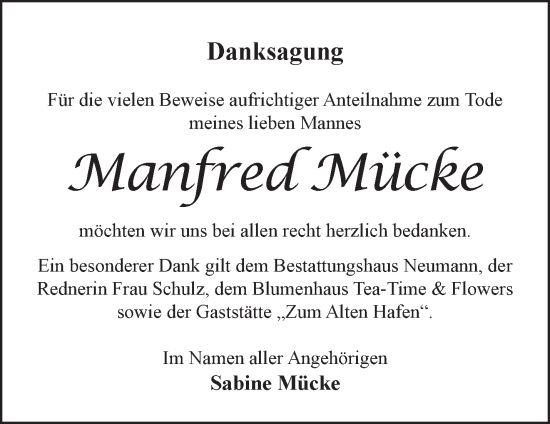 Traueranzeige von Manfred Mücke von Märkische Oderzeitung