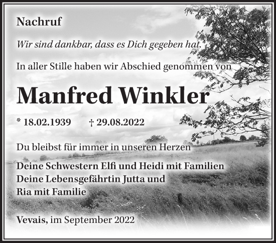 Traueranzeige von Manfred Winkler von Märkische Oderzeitung