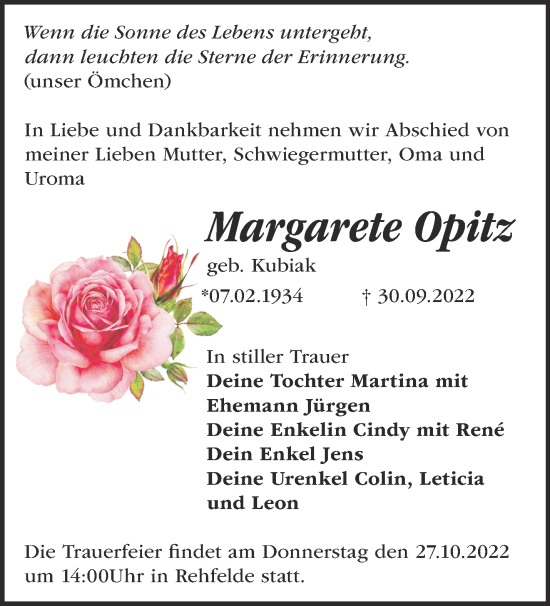 Traueranzeige von Margarete Opitz von Märkische Oderzeitung