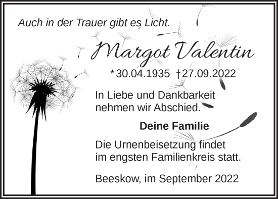 Anzeige Margot Valentin