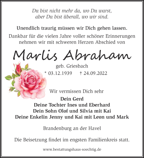 Traueranzeige von Marlis Abraham von Märkische Oderzeitung