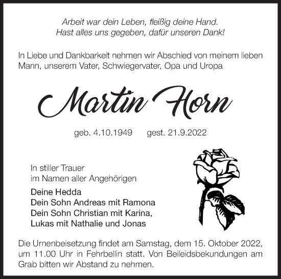 Traueranzeige von Martin Horn von Märkische Oderzeitung