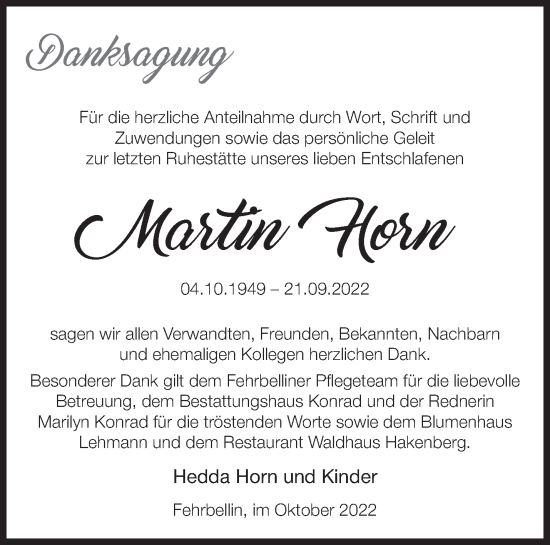 Traueranzeige von Martin Horn von Märkische Oderzeitung