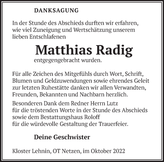 Traueranzeige von Matthias Radig von Märkische Oderzeitung