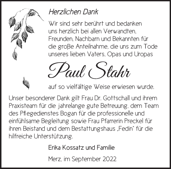 Traueranzeige von Paul Stahr von Märkische Oderzeitung