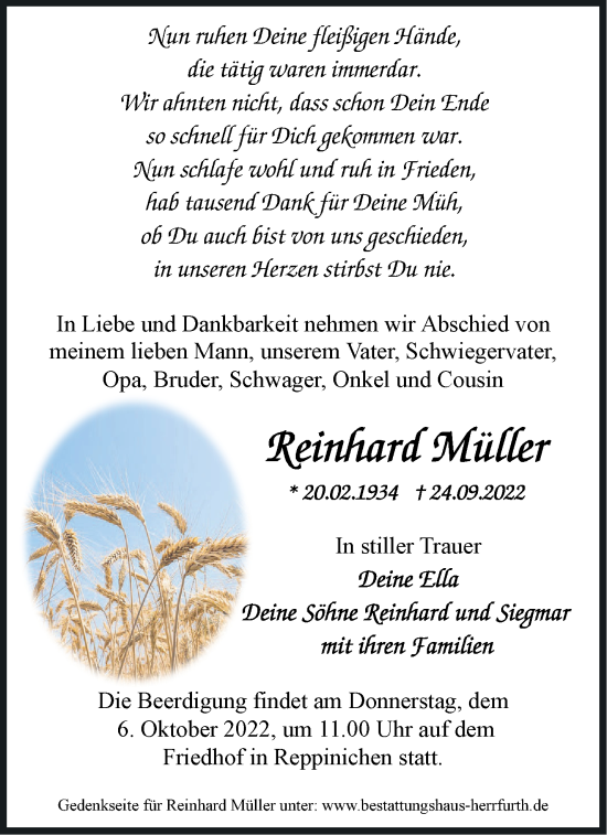 Traueranzeige von Reinhard Müller von Märkische Oderzeitung