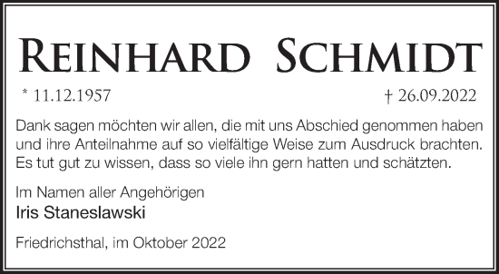 Traueranzeige von Reinhard Schmidt von Märkische Oderzeitung