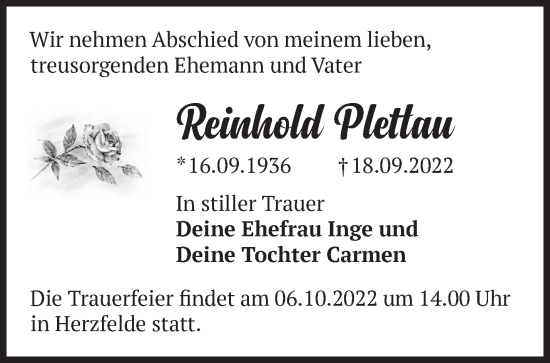 Traueranzeige von Reinhold Plettau von Märkische Oderzeitung