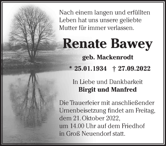 Traueranzeige von Renate Bawey von Märkische Oderzeitung