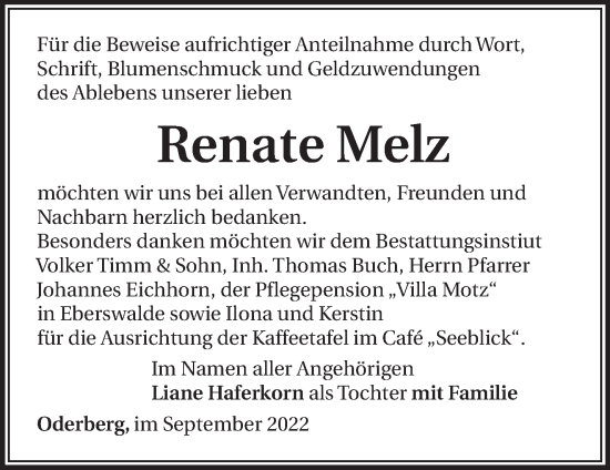 Traueranzeige von Renate Melz von Märkische Oderzeitung