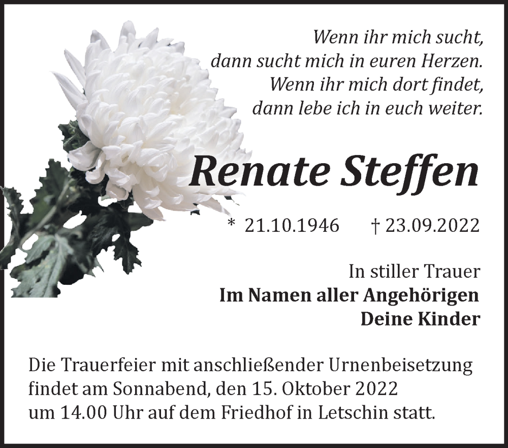  Traueranzeige für Renate Steffen vom 01.10.2022 aus Märkische Oderzeitung