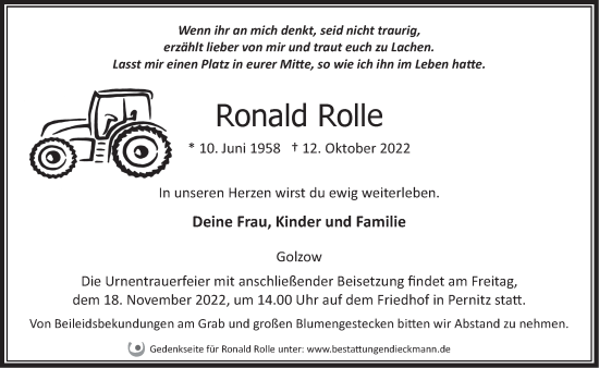 Traueranzeige von Ronald Rolle von Märkische Oderzeitung