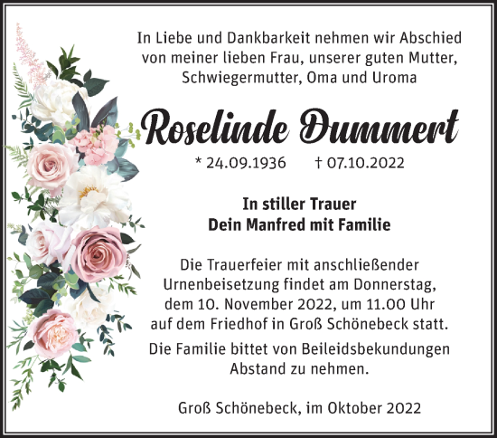 Traueranzeige von Roselinde Dummert von Märkische Oderzeitung