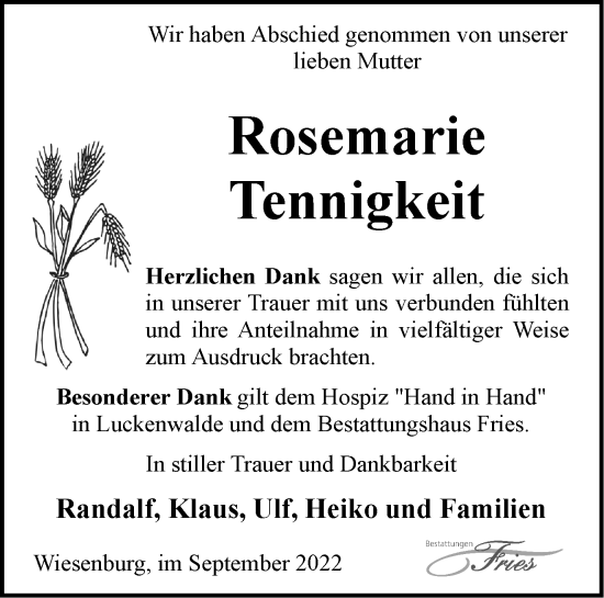 Traueranzeige von Rosemarie Tennigkeit von Märkische Oderzeitung