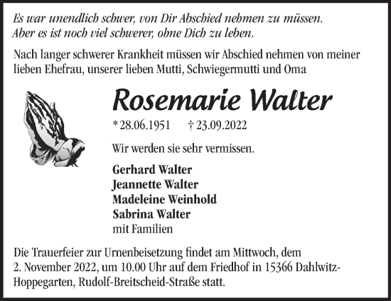 Traueranzeige von Rosemarie Walter von Märkische Oderzeitung