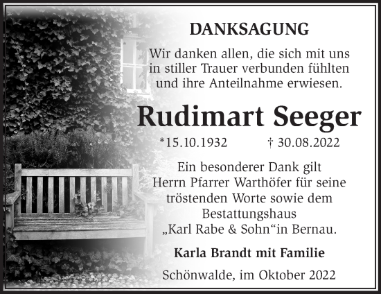 Traueranzeige von Rudimart Seeger von Märkische Oderzeitung