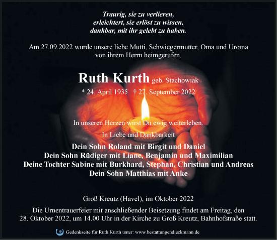 Traueranzeige von Ruth Kurth von Märkische Oderzeitung