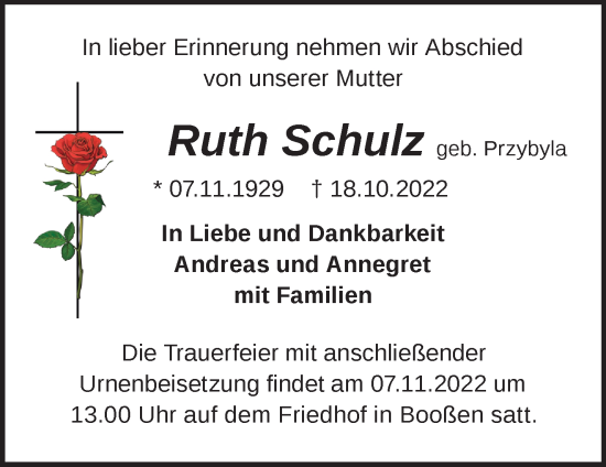 Traueranzeige von Ruth Schulz von Märkische Oderzeitung