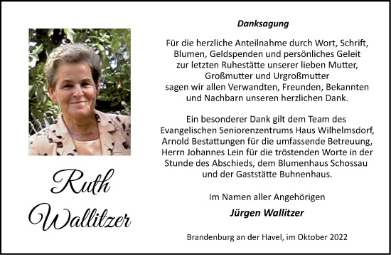 Traueranzeige von Ruth Wallitzer von Märkische Oderzeitung