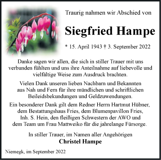 Traueranzeige von Siegfried Hampe von Märkische Oderzeitung