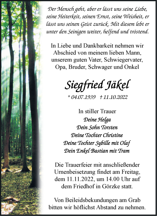 Traueranzeige von Siegfried Jäkel von Märkische Oderzeitung