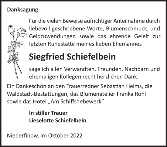 Traueranzeige von Siegfried Schiefelbein von Märkische Oderzeitung