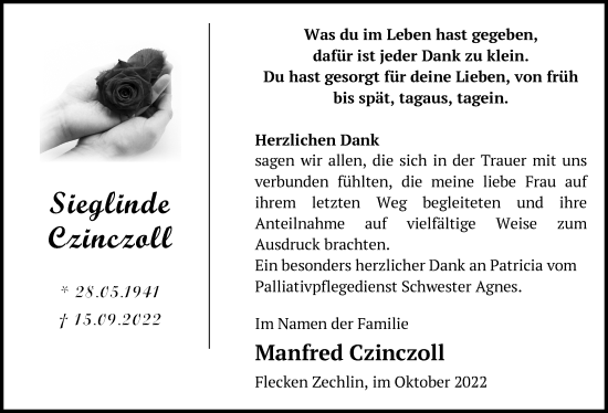 Traueranzeige von Sieglinde Czinczoll von Märkische Oderzeitung