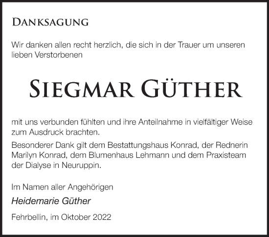 Traueranzeige von Siegmar Güther von Märkische Oderzeitung