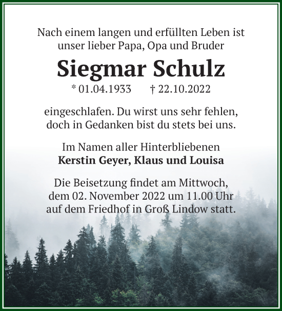 Traueranzeige von Siegmar Schulz von Märkische Oderzeitung