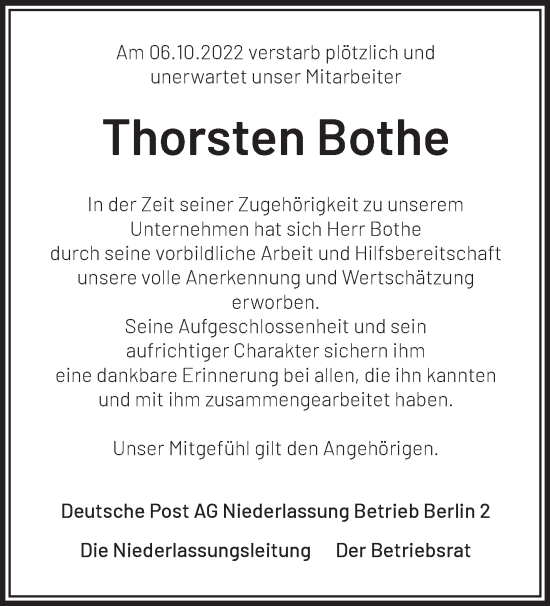 Traueranzeige von Thorsten Bothe von Märkische Oderzeitung