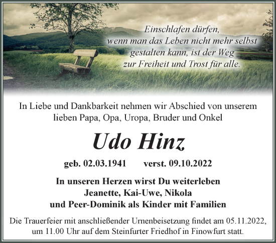 Traueranzeige von Udo Hinz von Märkische Oderzeitung