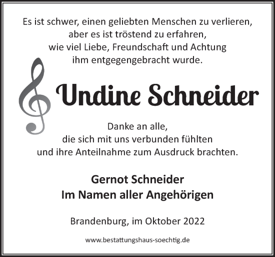 Traueranzeige von Undine Schneider von Märkische Oderzeitung