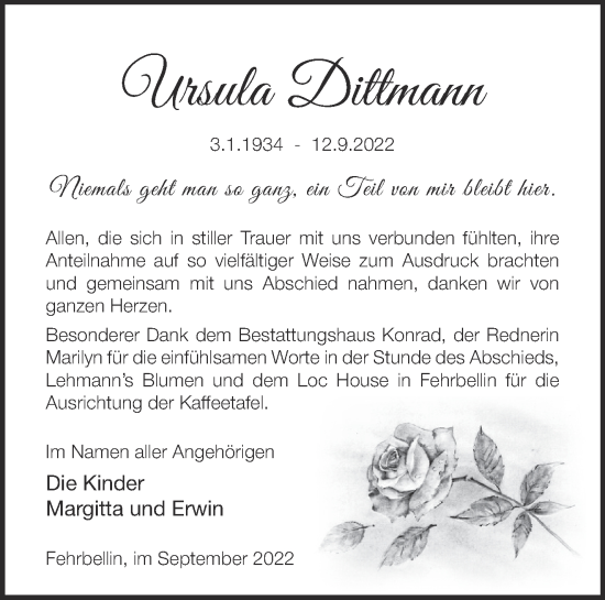 Traueranzeige von Ursula Dittmann von Märkische Oderzeitung