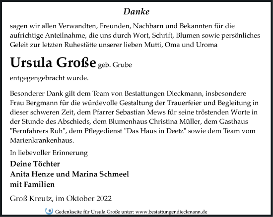 Traueranzeige von Ursula Große von Märkische Oderzeitung