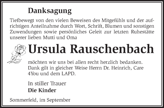 Traueranzeige von Ursula Rauschenbach von Märkische Oderzeitung