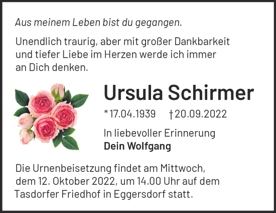 Traueranzeige von Ursula Schirmer von Märkische Oderzeitung