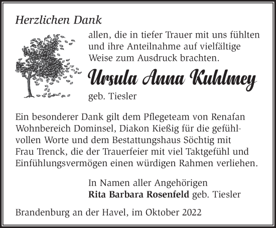 Traueranzeige von Ursula Anna Kuhlmey von Märkische Oderzeitung