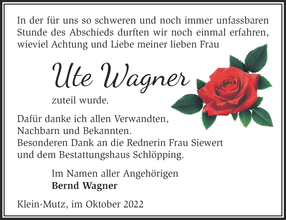  Traueranzeige für Ute Wagner vom 15.10.2022 aus Märkische Oderzeitung