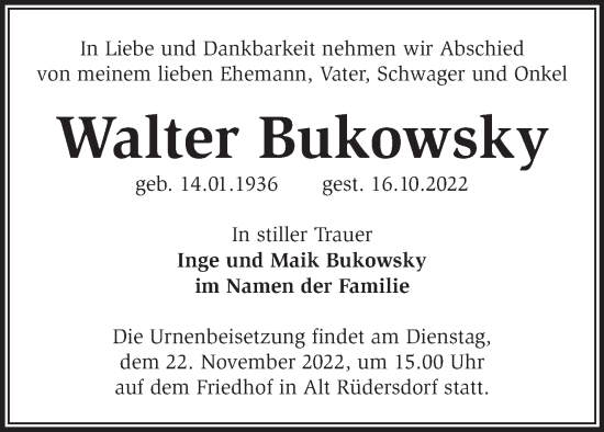 Traueranzeige von Walter Bukowsky von Märkische Oderzeitung