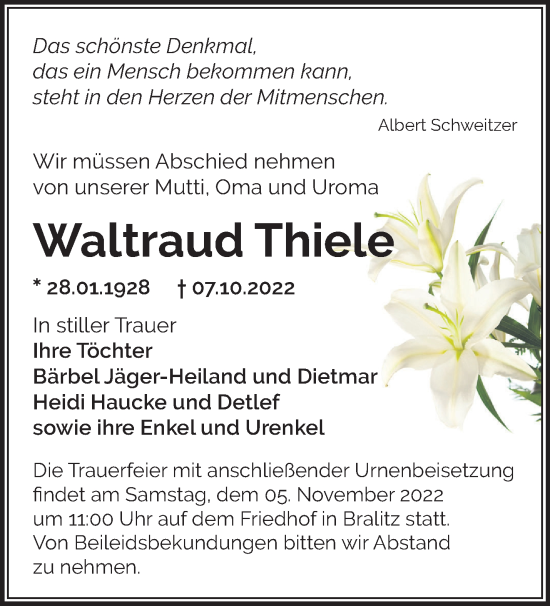 Traueranzeige von Waltraud Thiele von Märkische Oderzeitung