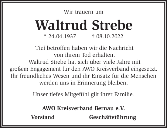 Traueranzeige von Waltrud Strebe von Märkische Oderzeitung