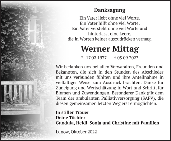 Traueranzeige von Werner Mittag von Märkische Oderzeitung