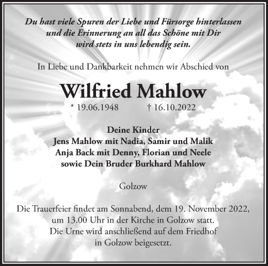 Traueranzeige von Wilfried Mahlow von Märkische Oderzeitung