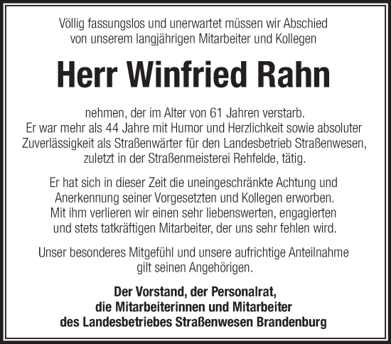 Traueranzeige von Winfried Rahn von Märkische Oderzeitung