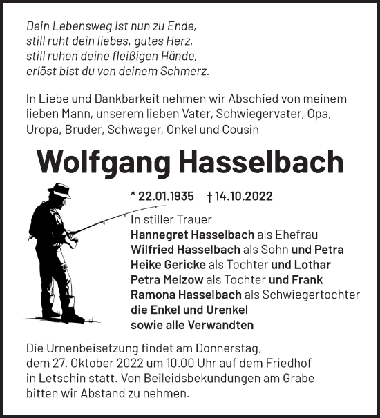 Traueranzeige von Wolfgang Hasselbach von Märkische Oderzeitung