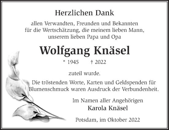 Traueranzeige von Wolfgang Knäsel von Märkische Oderzeitung