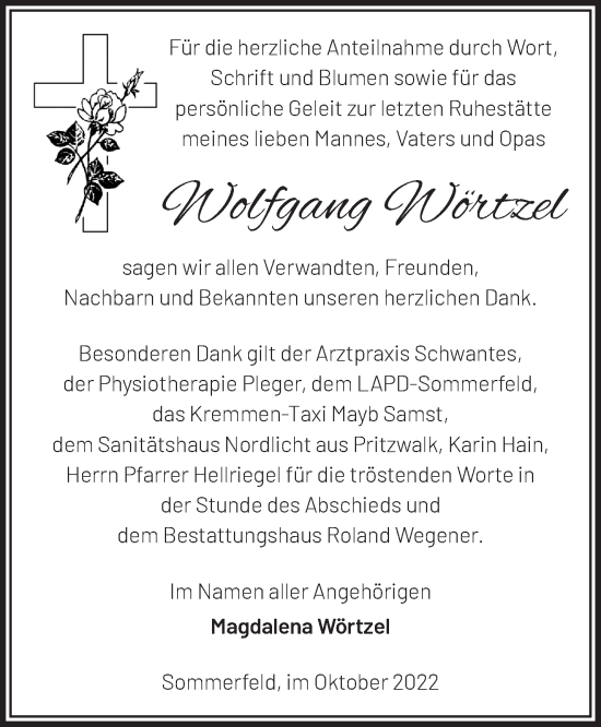 Traueranzeige von Wolfgang Wörtzel von Märkische Oderzeitung